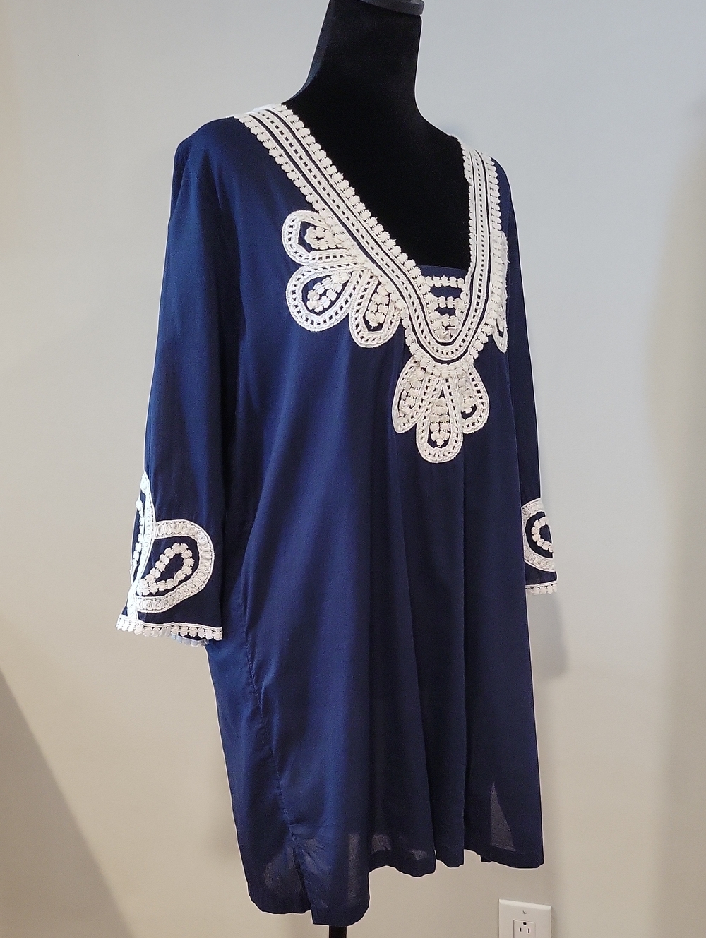 J. CREW Classy Boho Navy Blue Women's Swim Cover-Up with White Lace Trim